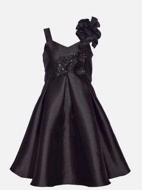 Bonnie Jean Black Floral Applique Satin Dress
